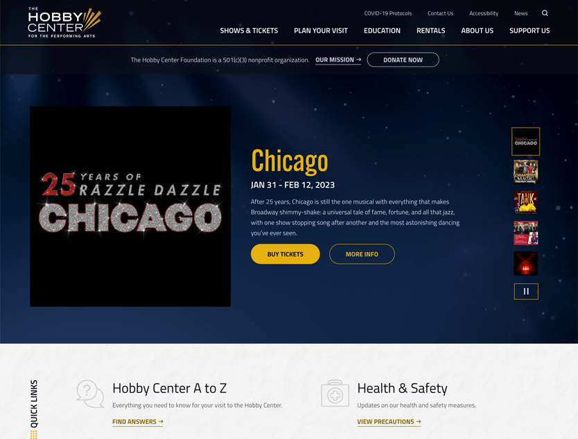A screenshot of the Hobby Center's website.