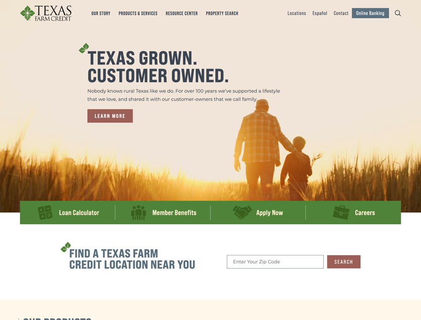 A screenshot of Texas Farm Credit's website.